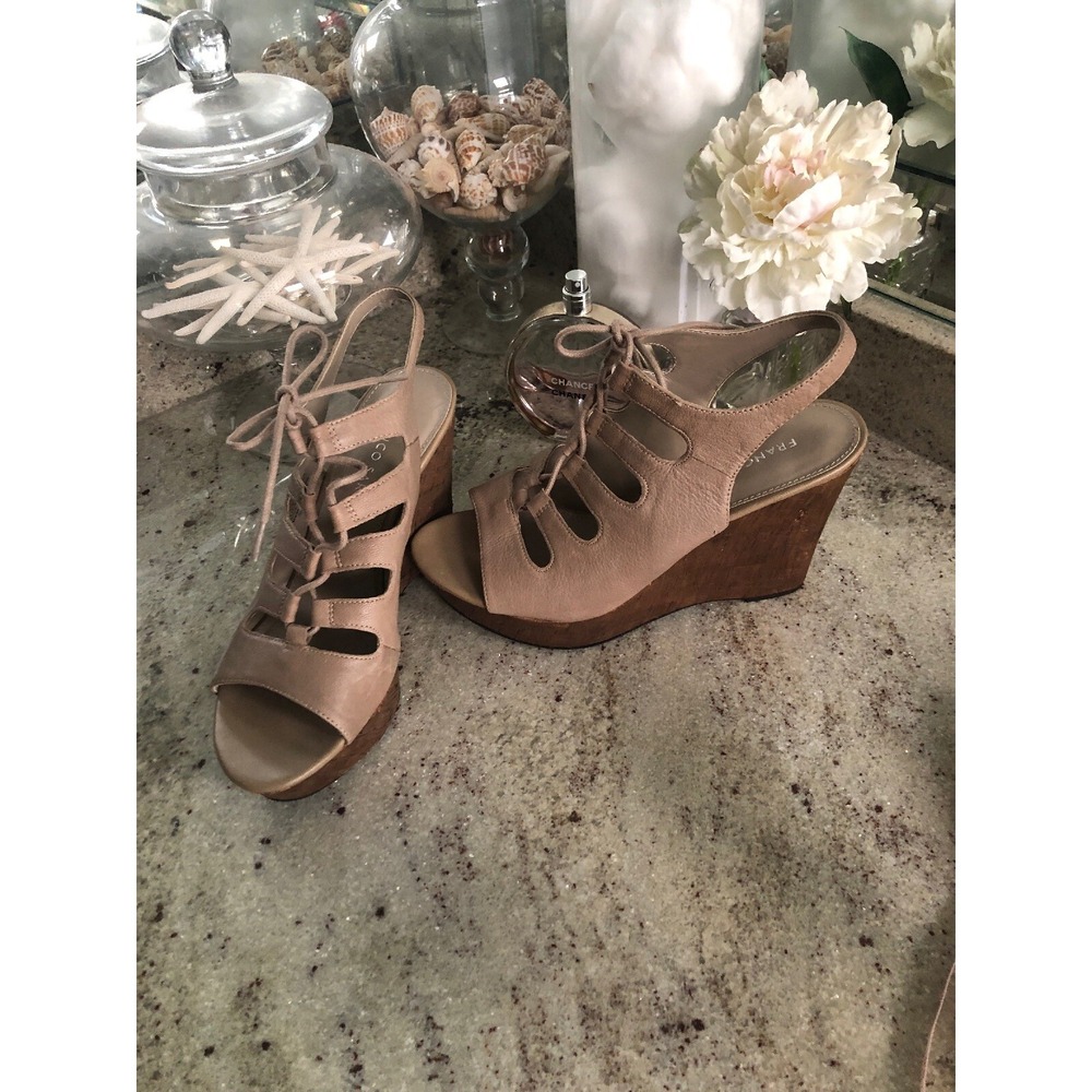 Franco Sarto Sunitha Lace Up Taupe Leather Cork Wedge Heel Sandal Brown 7.5